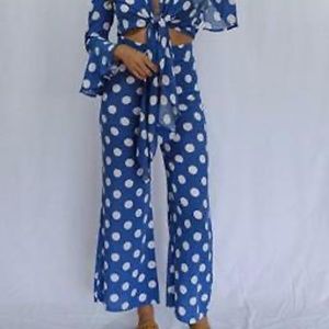 XIX PALMS Beverly Hills Turista Pants- Blue Polka Dot Print
